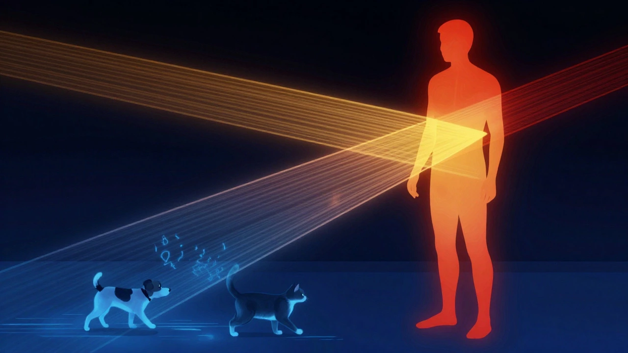 Diagram showing sensor ignoring pets but detecting humans