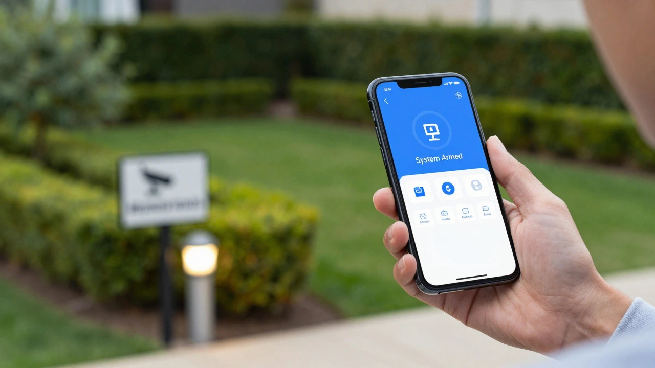 Hand holding phone showing armed security app with well-lit safe home