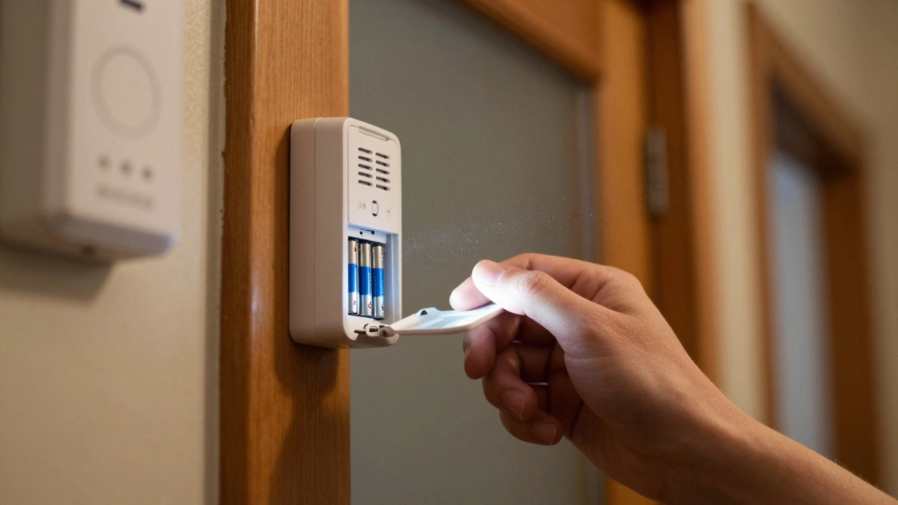 Hand replacing dead batteries in a high-mounted wireless door sensor