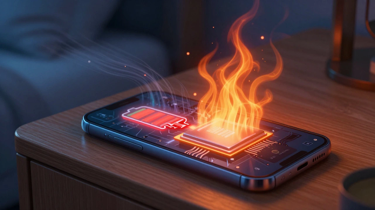 Illustration of a hot smartphone draining battery and uploading data