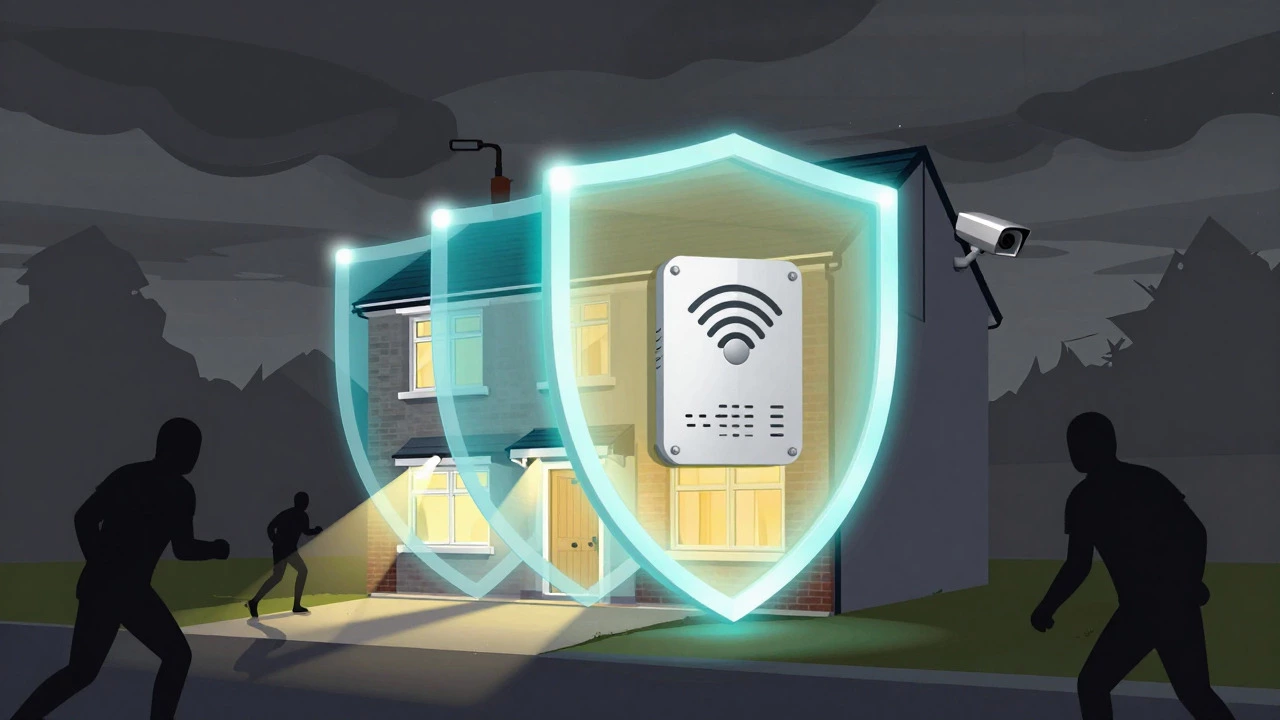 Illustration of layered home security shields protecting a house from thieves