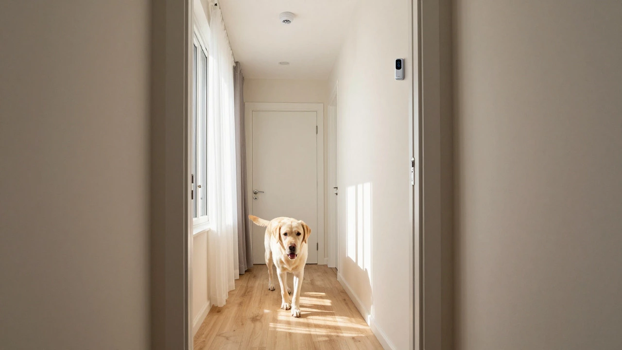 Labrador walking past home security sensors in hallway