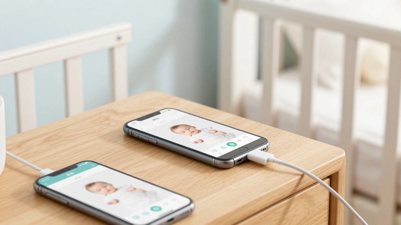 Old smartphone used as baby monitor on nightstand next to crib