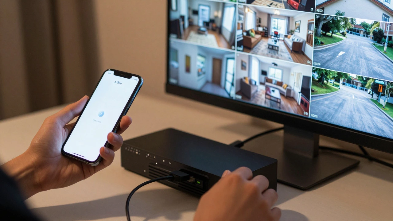 Person connecting monitor to NVR to view local feeds while phone shows offline