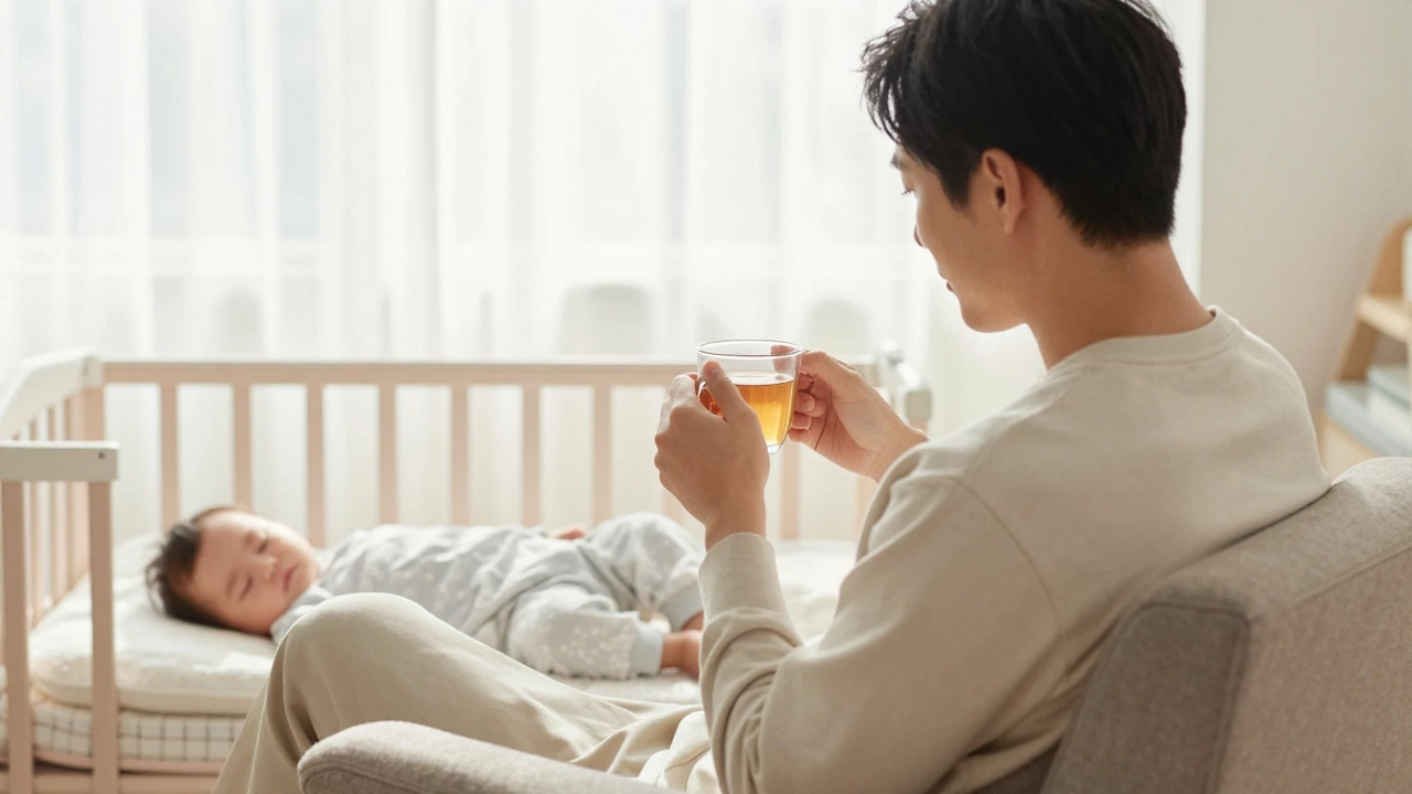 Relaxed parent enjoying quiet time in a sunny nursery without electronic monitors