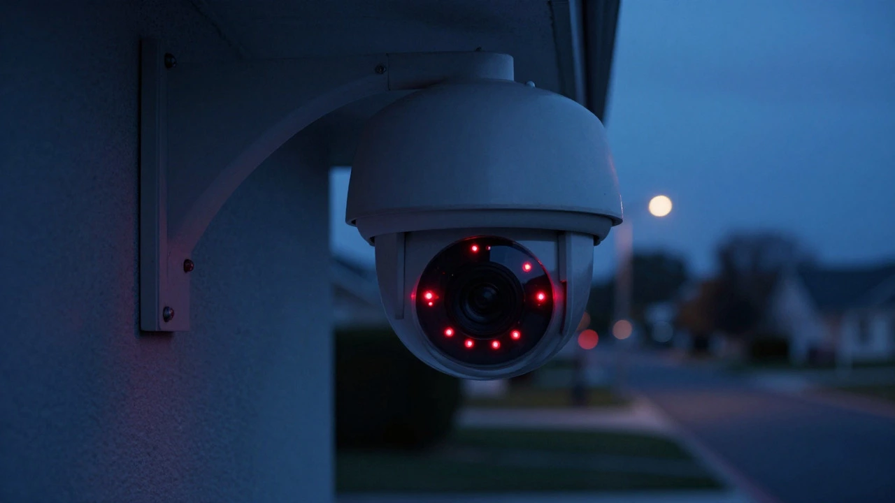 Security camera with infrared LEDs activating at dusk