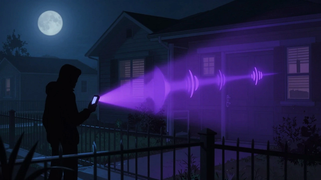 Shadowy figure using a jammer to disable home security signals from outside