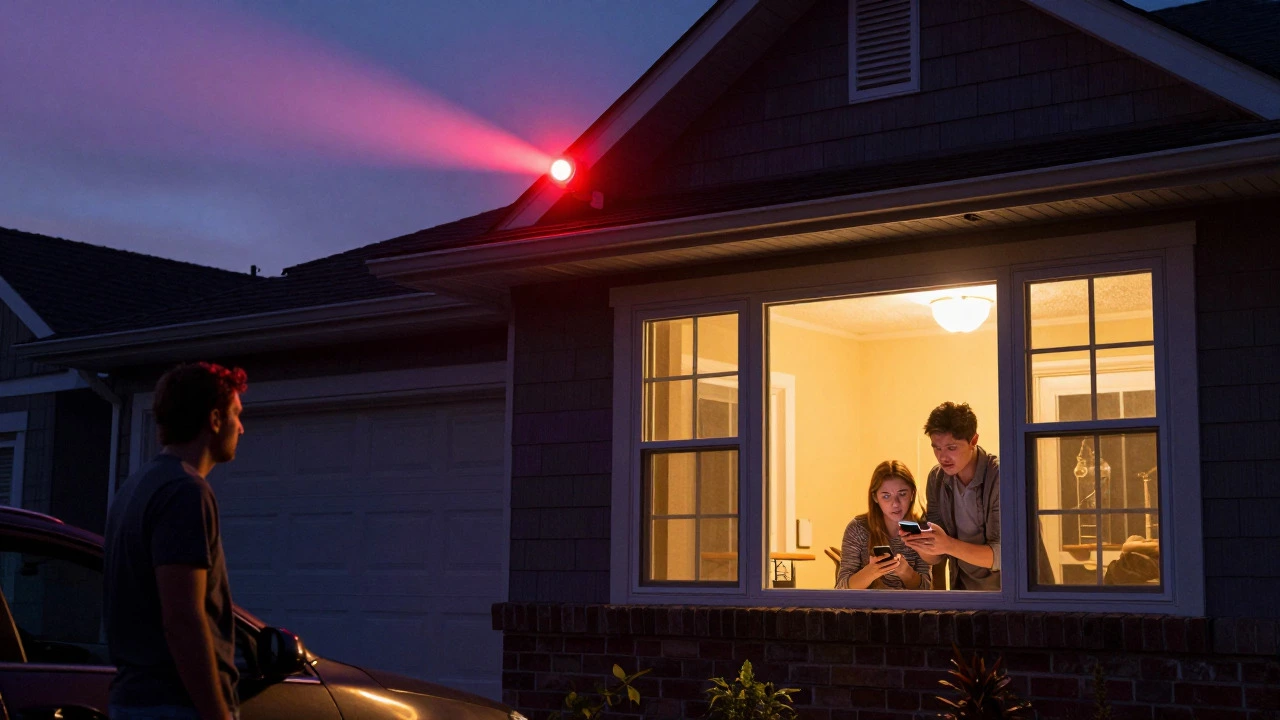 Suburban house with flashing red security light and concerned neighbor outside
