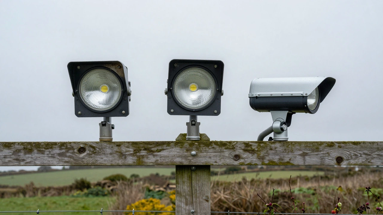 Three tiers of security lights on a fence in rain