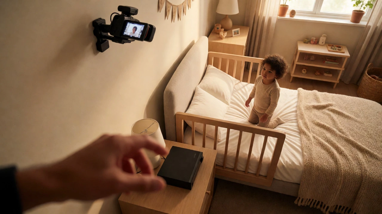 Toddler in bed with video monitor being turned off