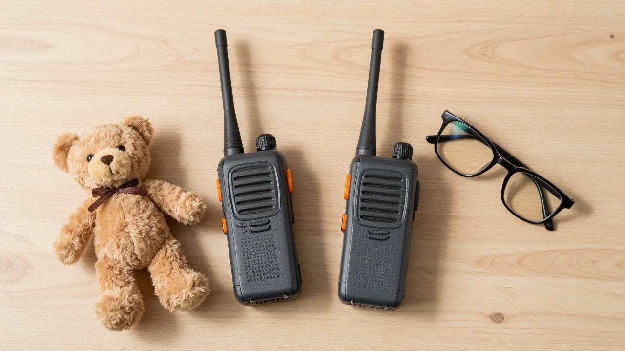 Two analog walkie-talkies on wooden table representing low-tech monitoring