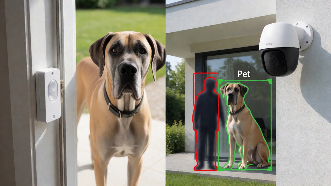 A large dog stands by a secure magnetic door sensor and AI camera.