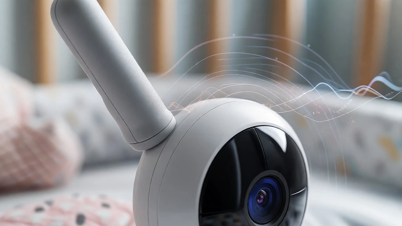 Close-up of a DECT baby monitor device with visualized radio waves, highlighting secure frequency-hopping technology.