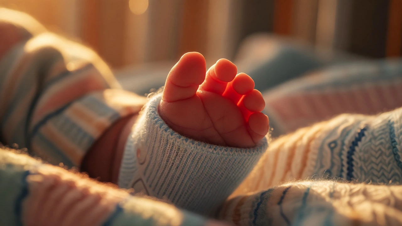 Close-up of a newborn's foot wearing a smart monitoring sock