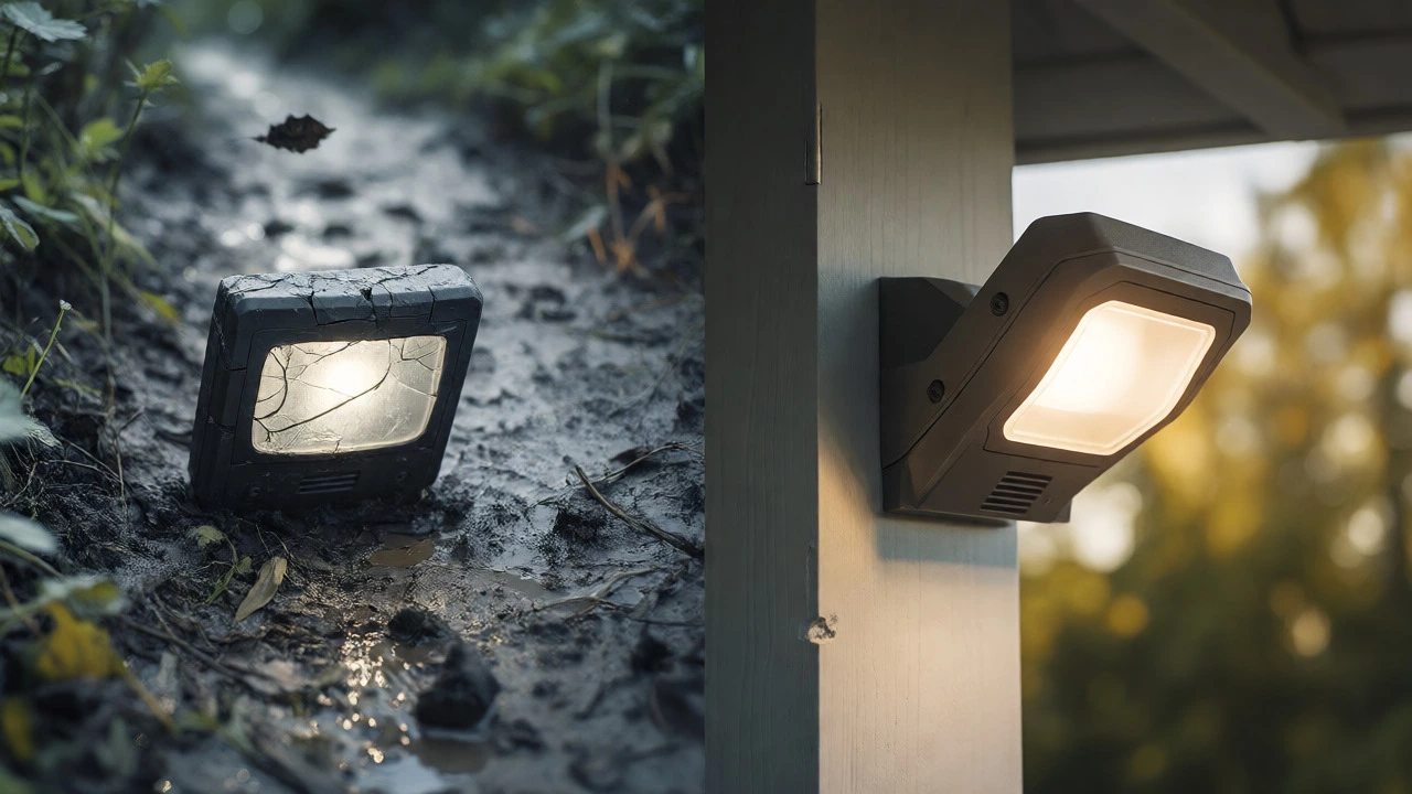 Comparison of damaged plastic motion light versus durable metal fixture.