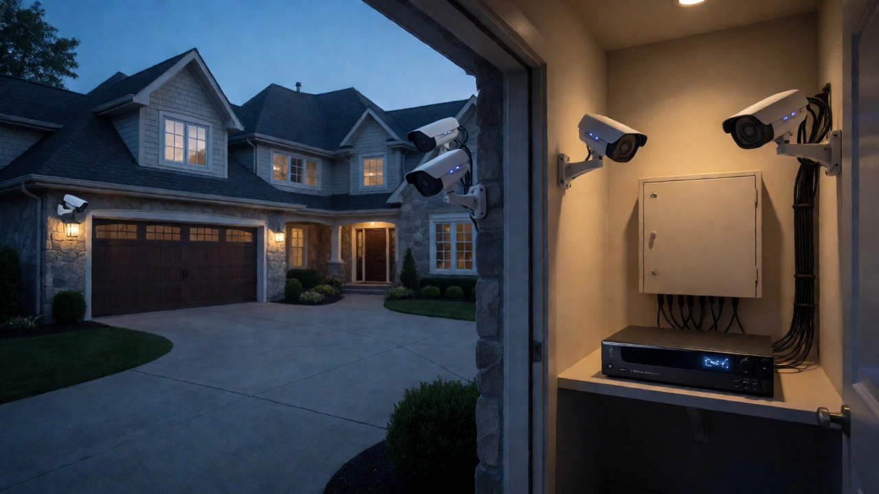 Completed four-camera security system on a house exterior at dusk.