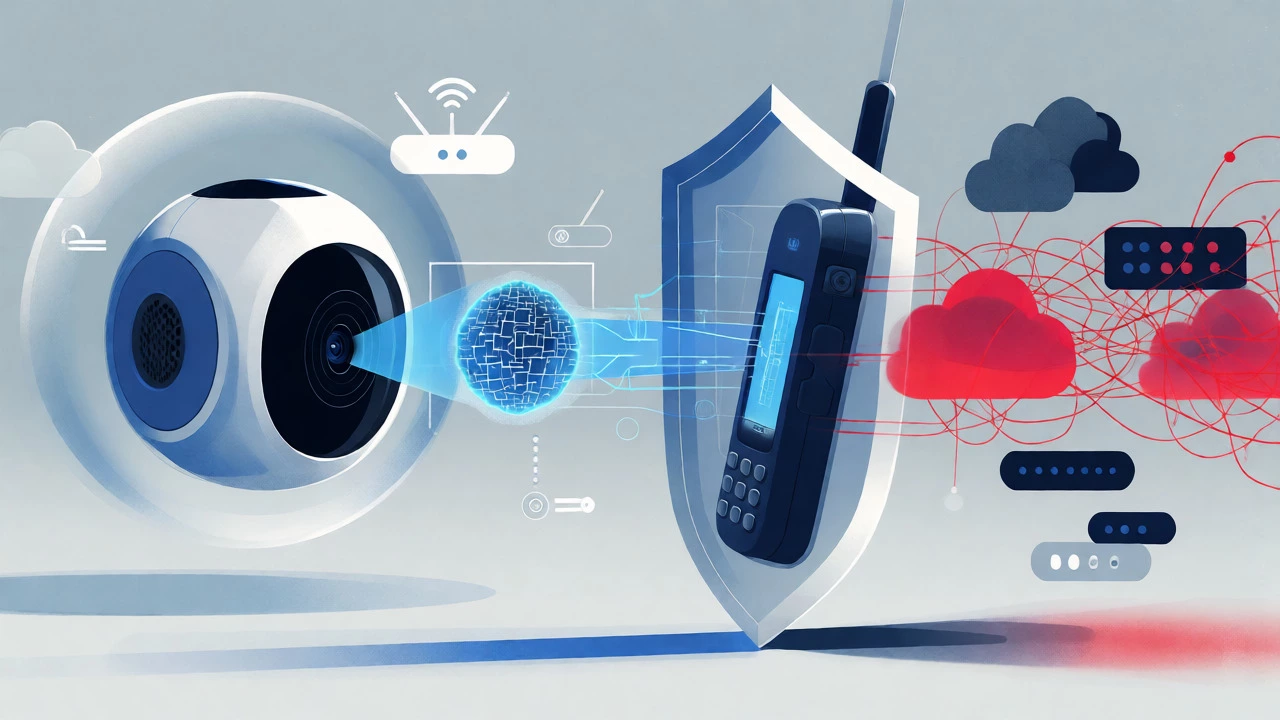 Conceptual diagram showing a non-Wi-Fi monitor's encrypted signal protected from external internet hackers and cloud servers.