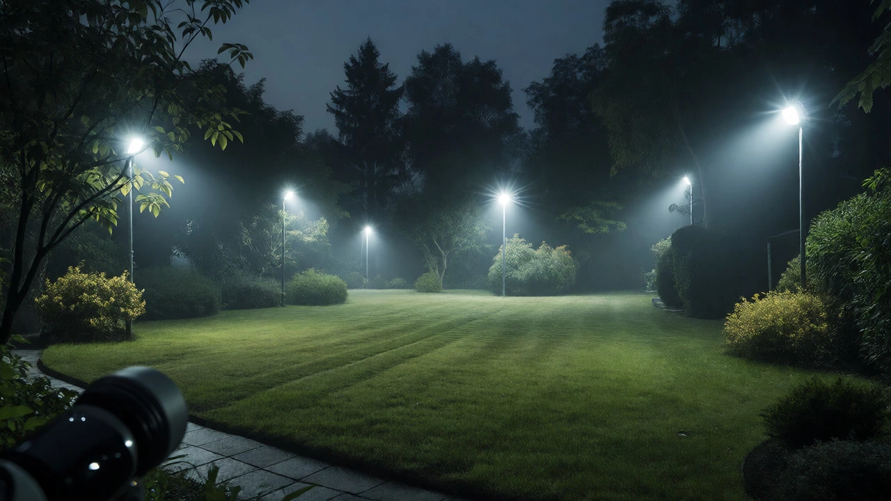 Garden perimeter lit by multiple floodlights with a security camera view.