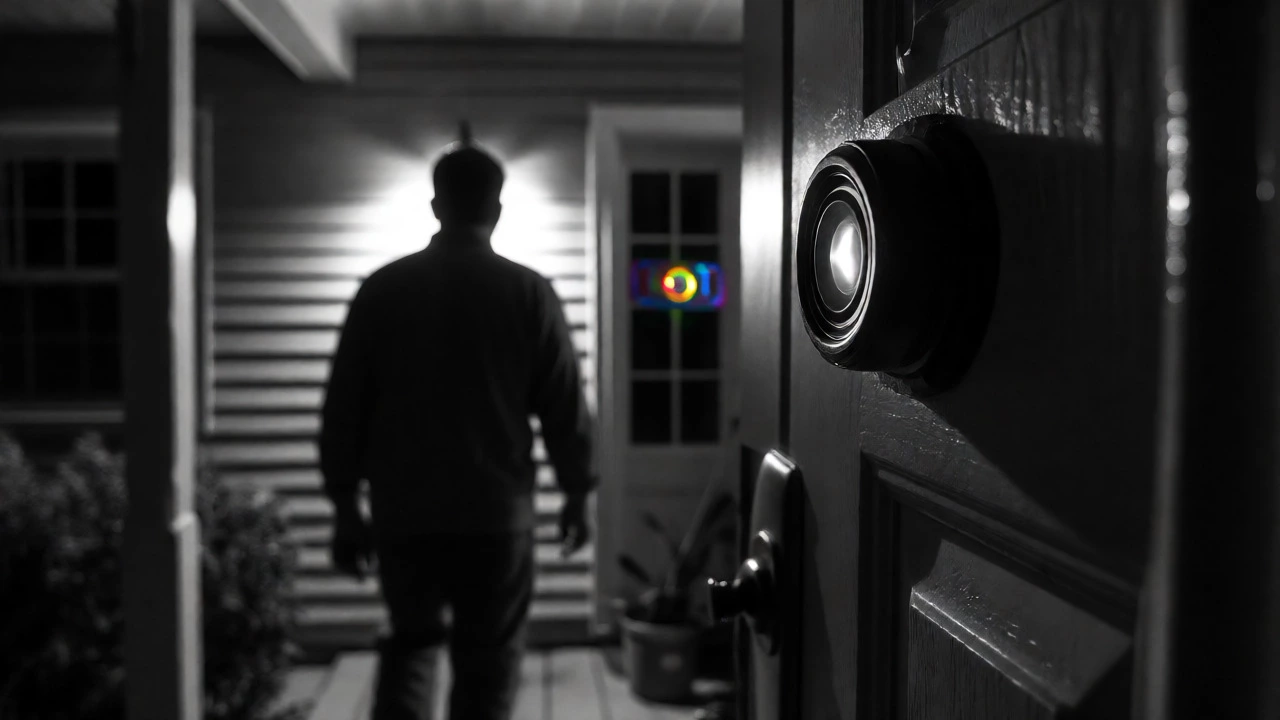 Grayscale night vision view of a visitor at a door versus color alternatives