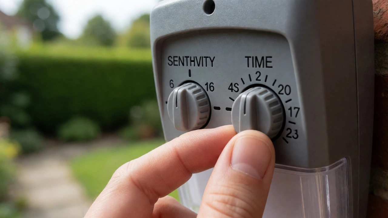 Hand adjusting the sensitivity dial on an outdoor motion sensor light