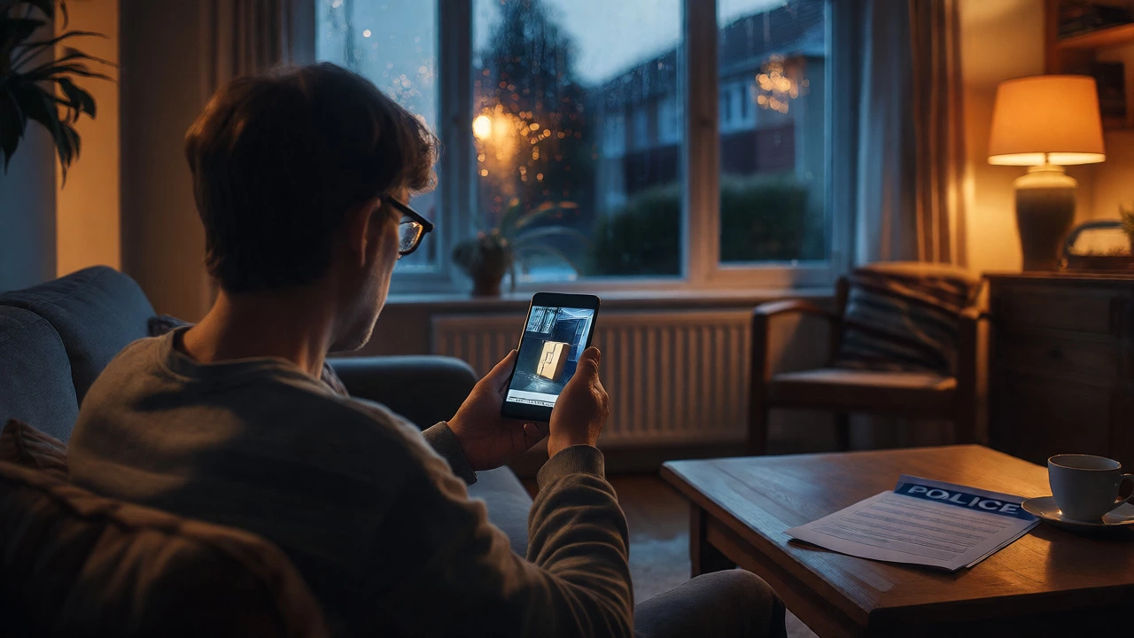 Homeowner reviewing theft footage on a smartphone in a living room