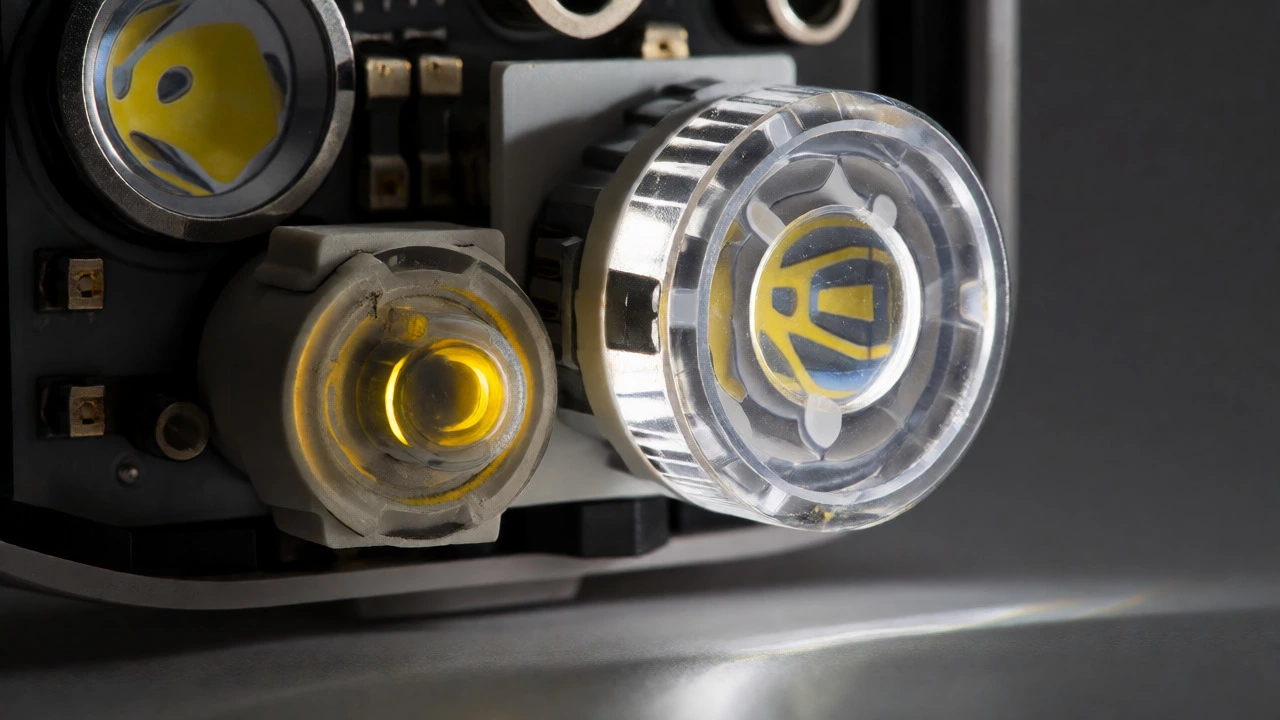 Macro view of motion sensor internals showing LED array and PIR sensor wear.