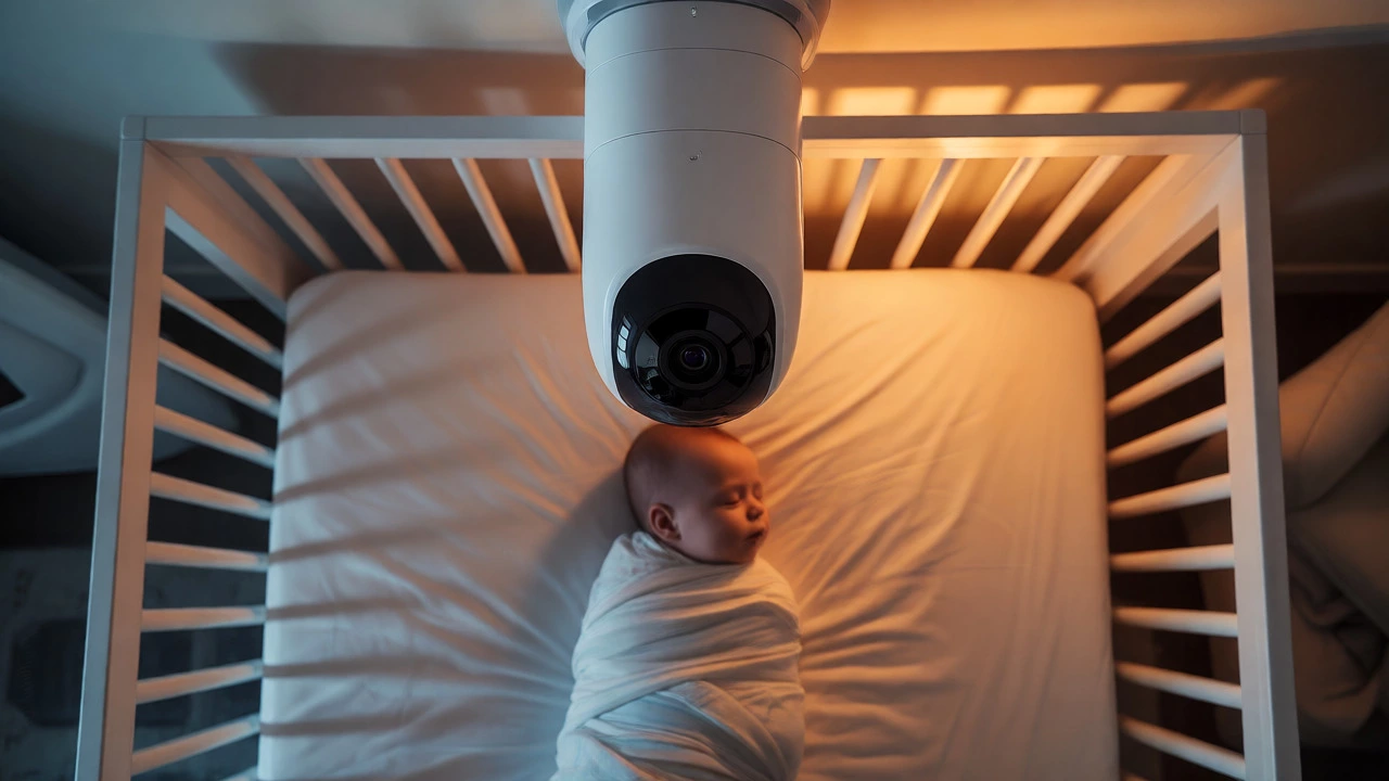 Overhead baby monitor camera viewing a sleeping infant from above