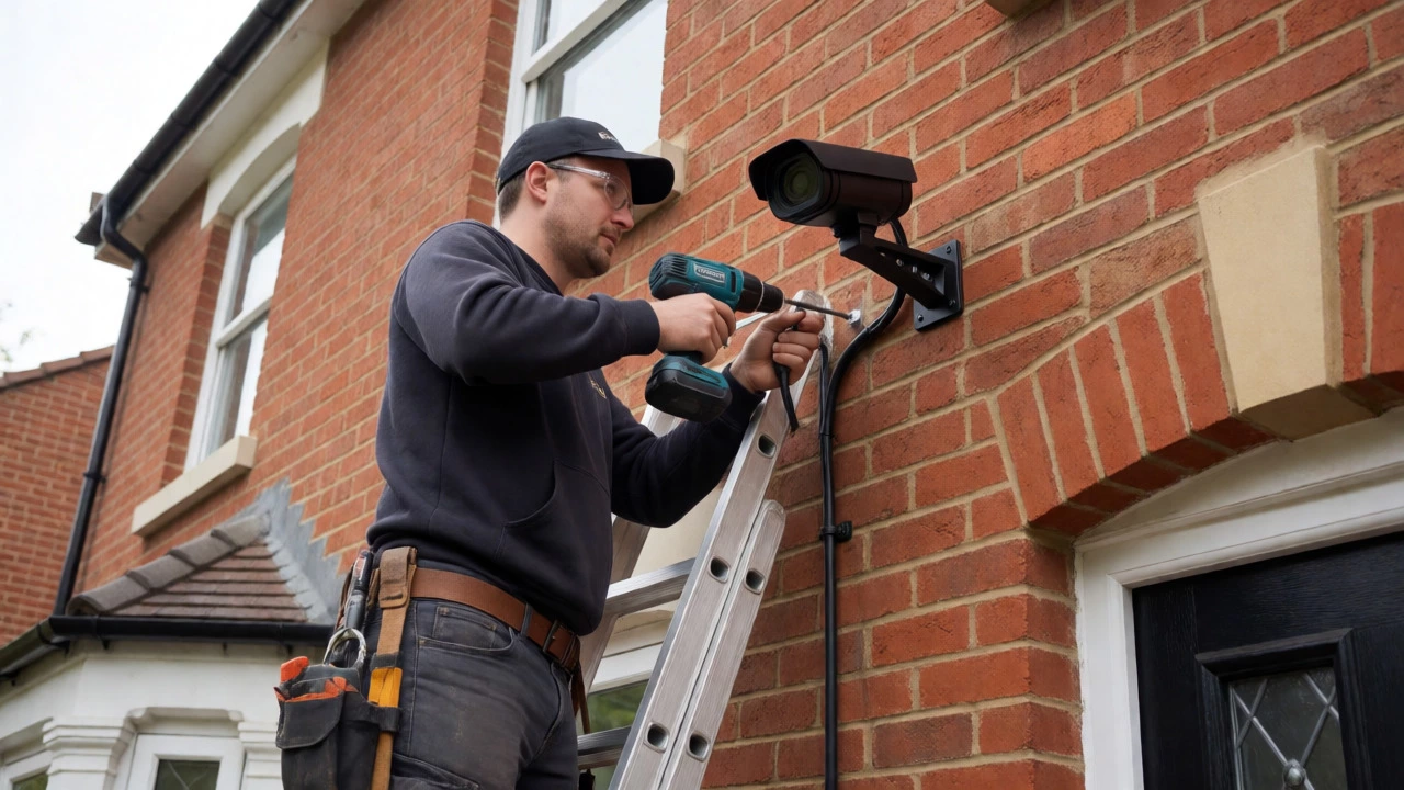 Professional installer mounting a wired security camera on a brick wall.