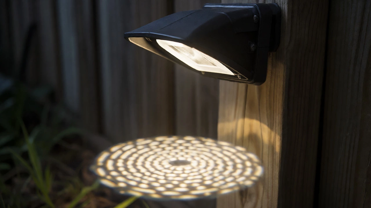 Shielded security light on a fence post directing light downward.