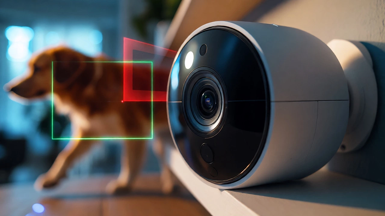 Smart security camera analyzing dog movement with AI detection