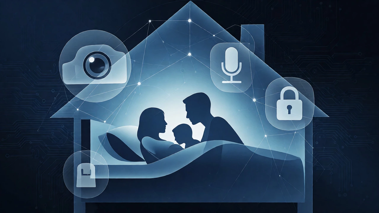 Conceptual art of sleeping family surrounded by smart device icons