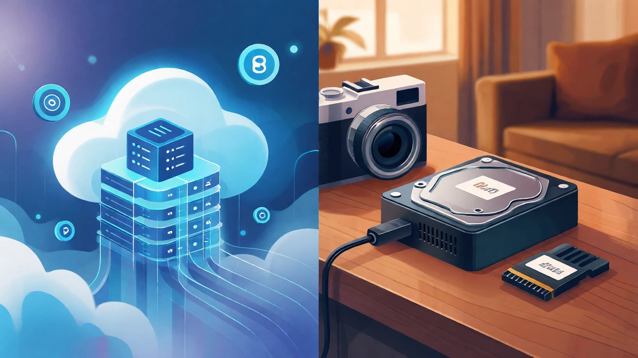 Conceptual split-screen comparing cloud subscription costs versus local physical storage.
