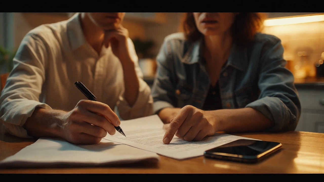 Couple discussing home security contract details and fees at a kitchen table.