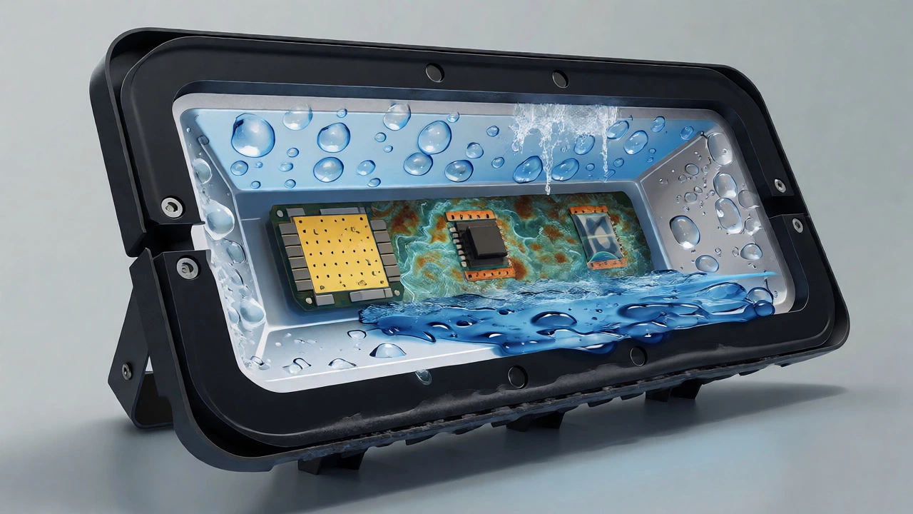 Cutaway diagram showing moisture and corrosion inside a light housing