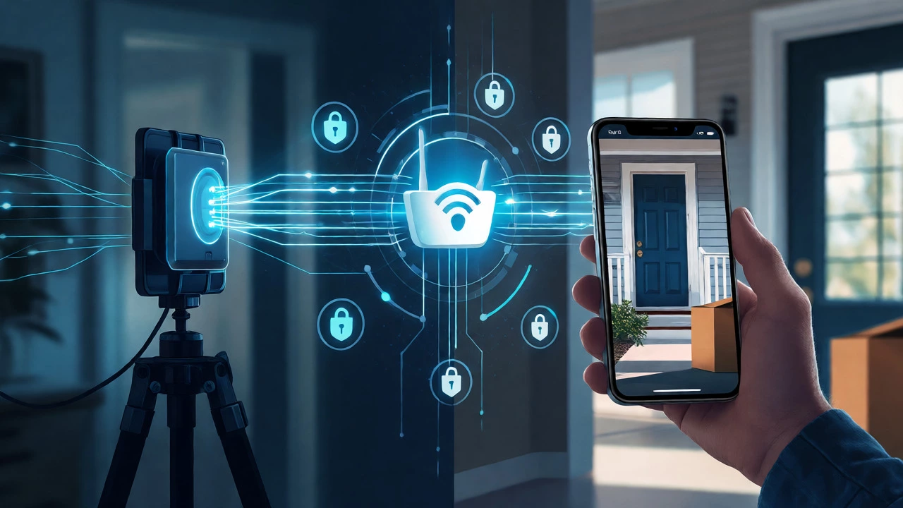 Diagram of data streaming from phone camera to viewer via secure network