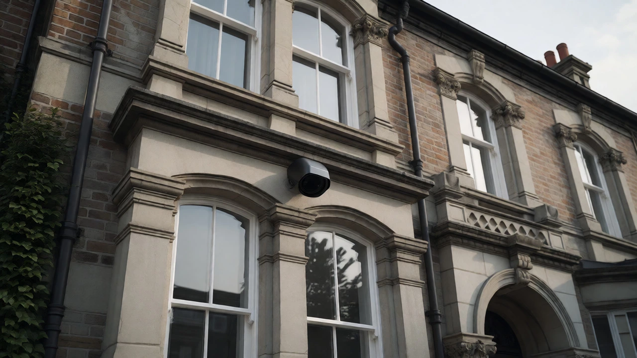 Discreet CCTV camera mounted on a heritage-listed building facade in a conservation area.