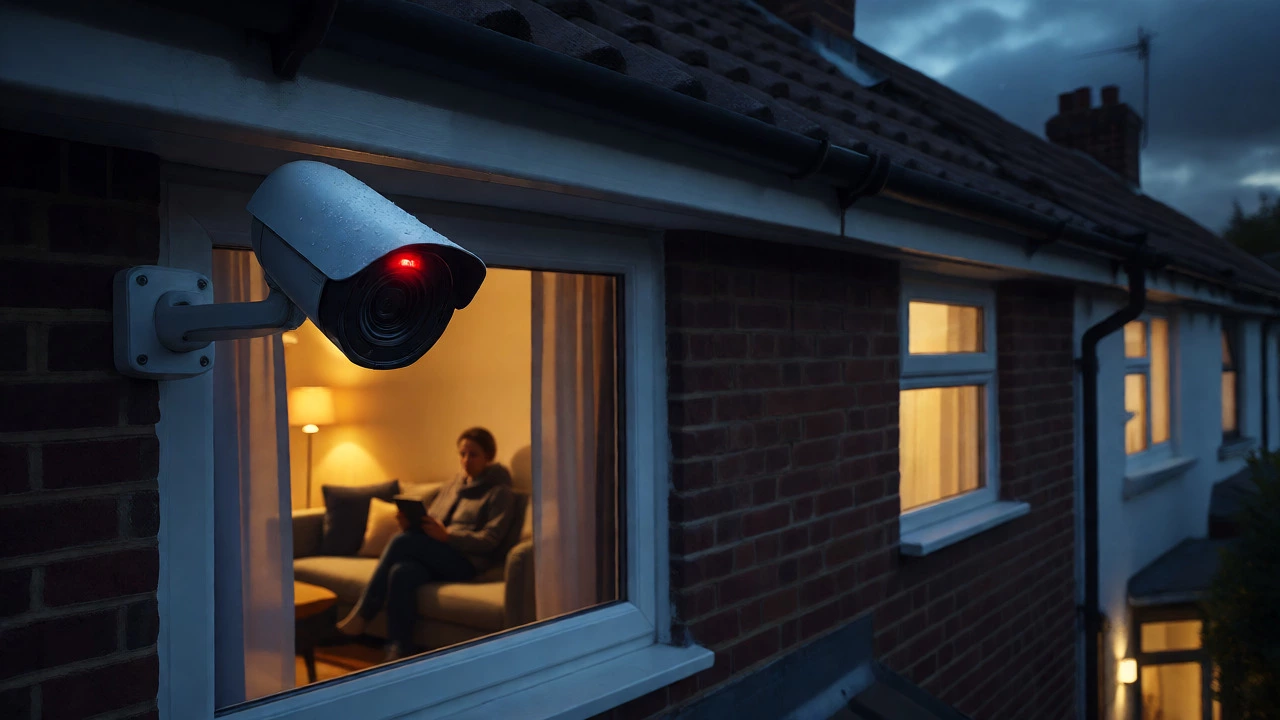 Exterior security camera on a house at night with owner inside
