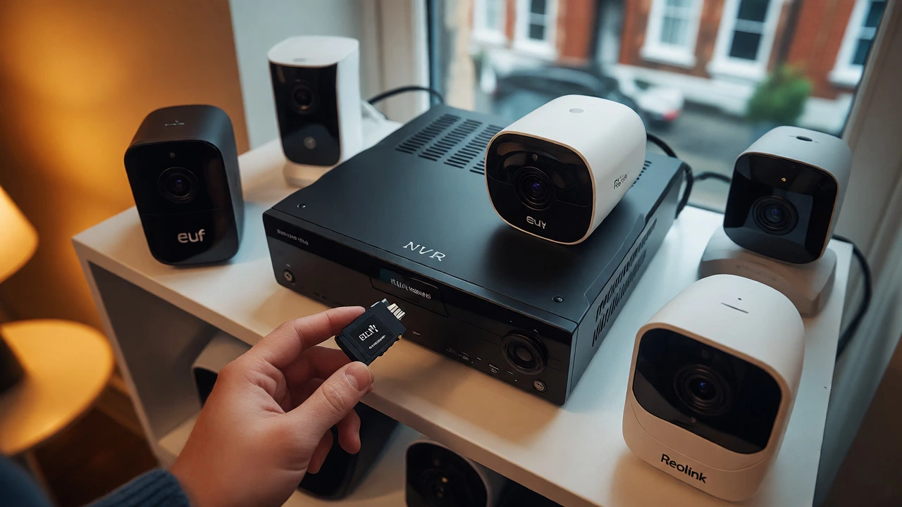 Hand inserting a microSD card into a Wi-Fi camera near an NVR unit in a home setting.