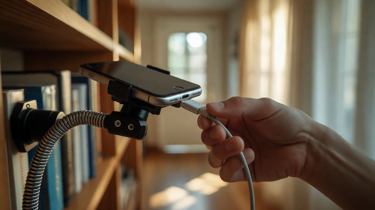 Hand plugging charger into phone mounted on shelf for security use