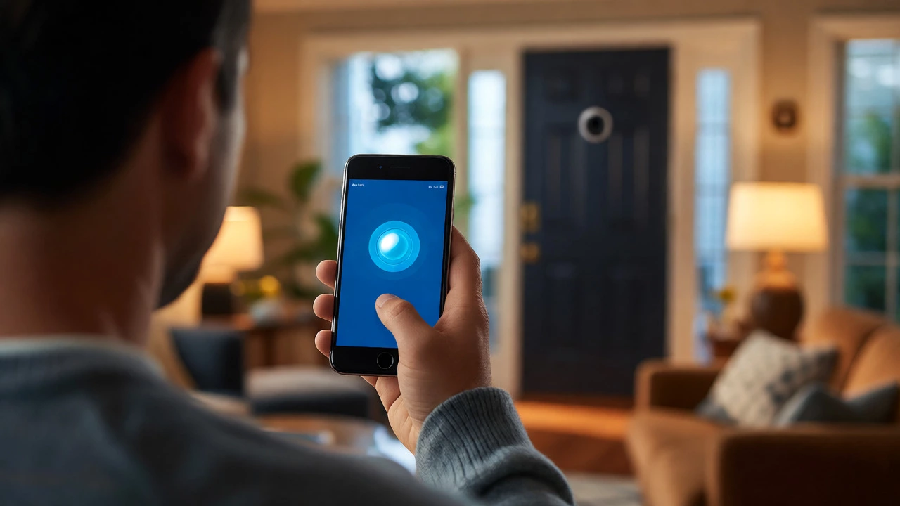 Homeowner checking the Ring app on a phone with the camera visible outside.