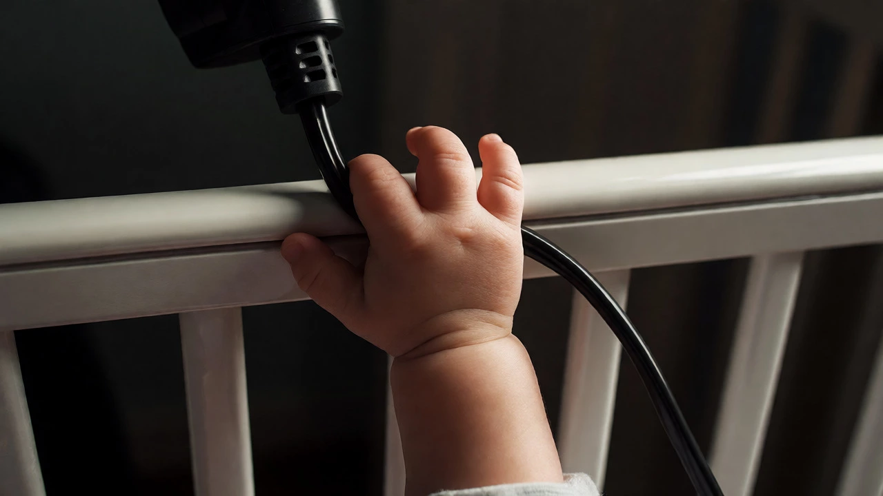 Infant hand reaching for dangling monitor cord in crib