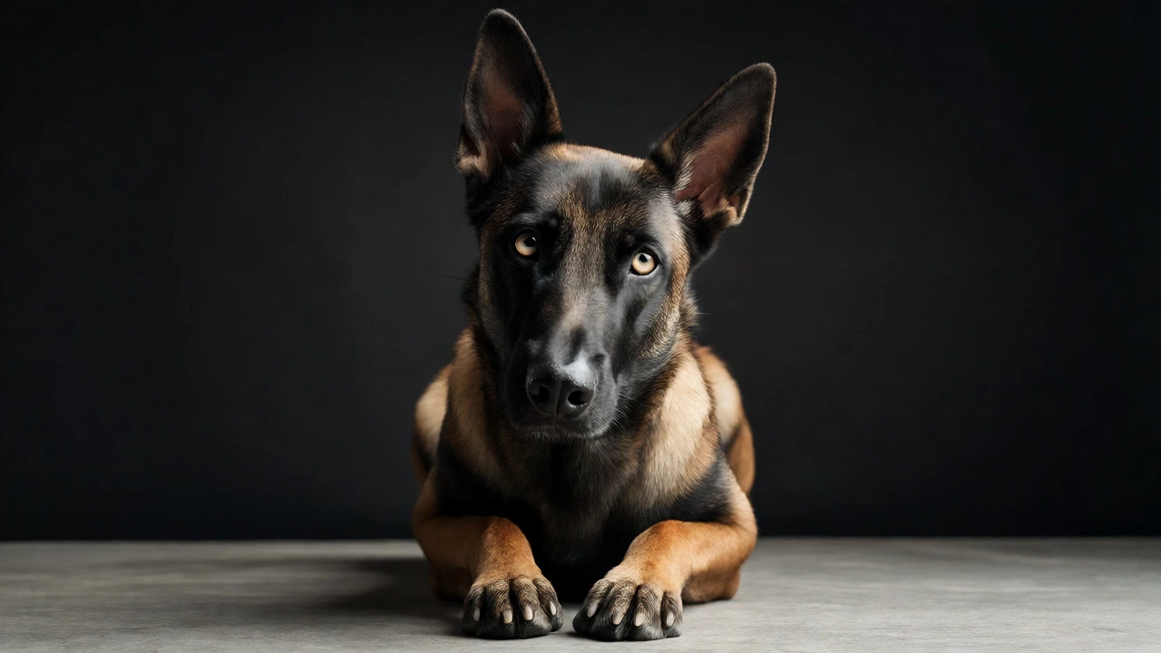 Intense Belgian Malinois sitting in a dark studio setting