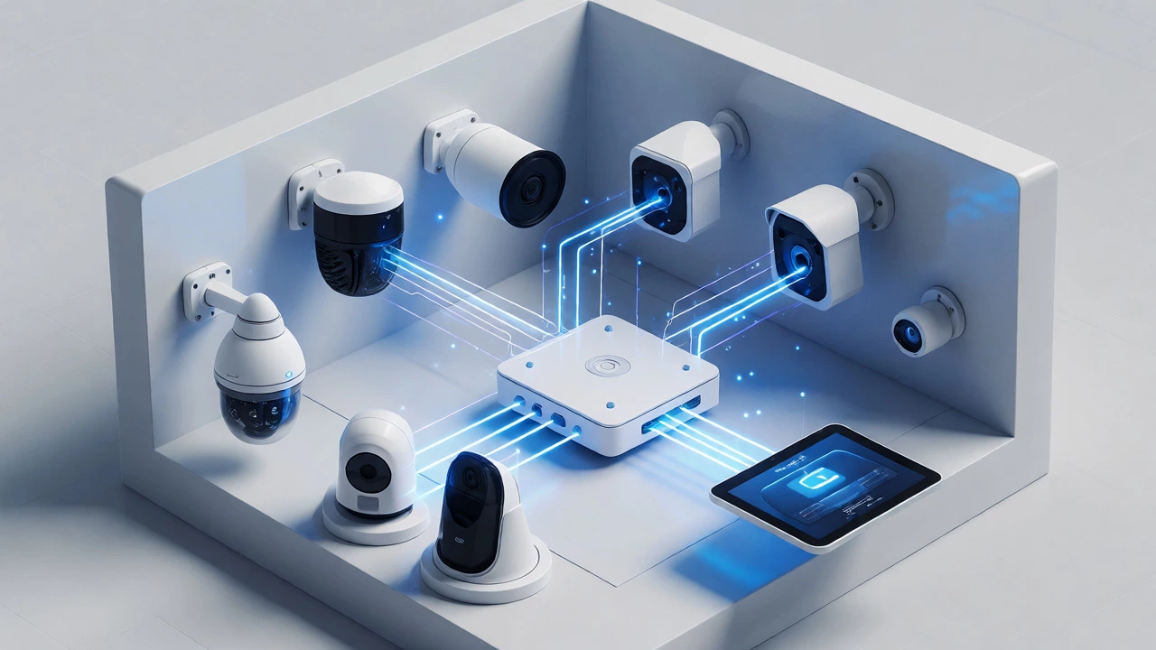 Isometric 3D visualization of IP cameras connecting via network protocols