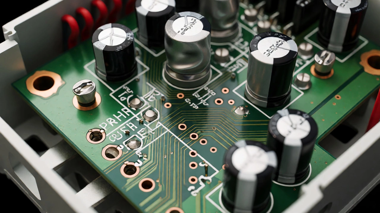 Macro view of failed electronic capacitors inside an LED driver