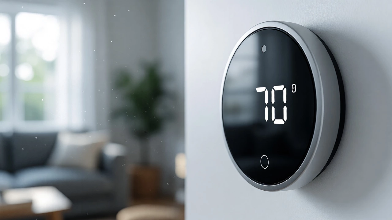 Modern smart thermostat on wall in sunlit living room