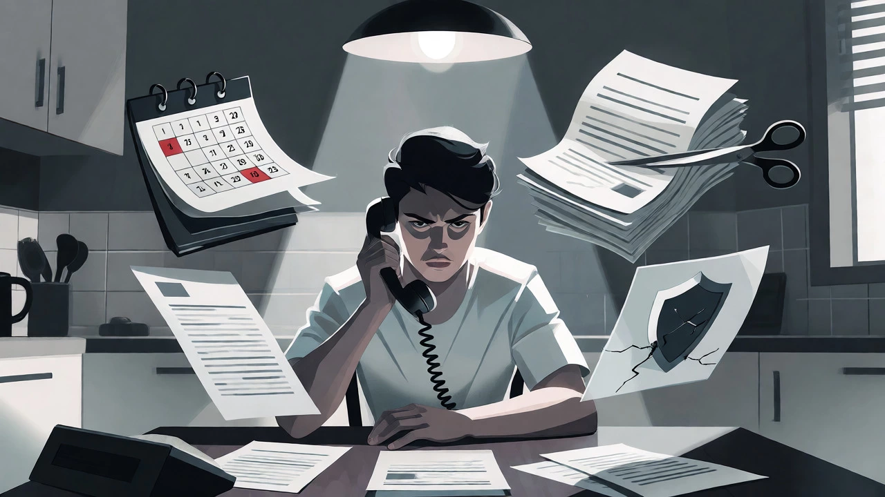 Person on phone surrounded by floating icons of calendars and bills, depicting contract cancellation stress.