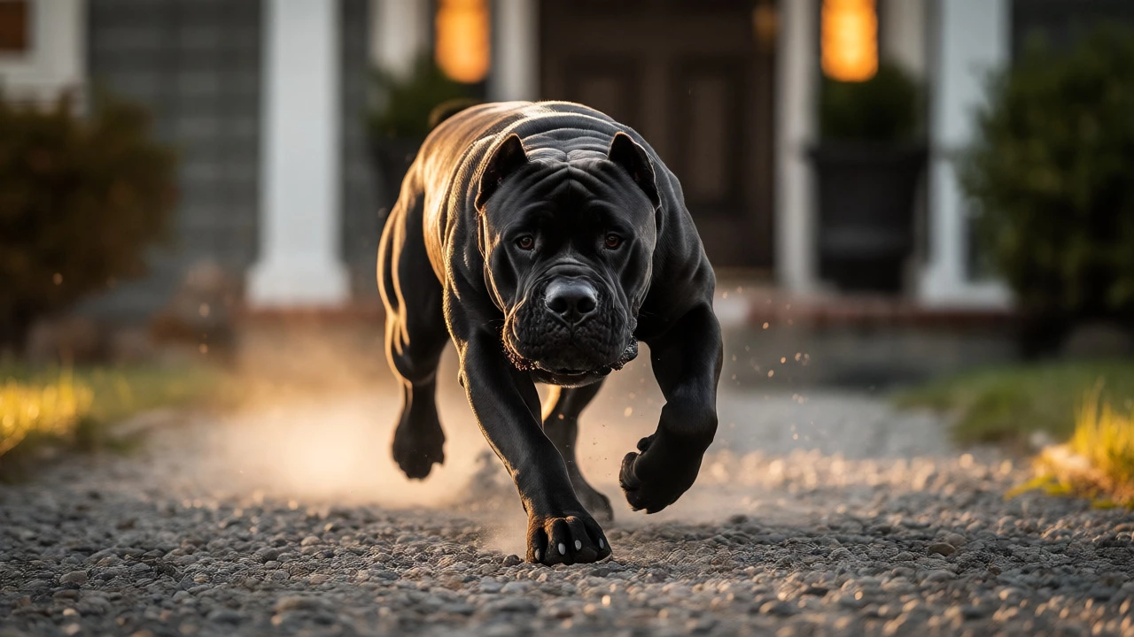 Powerful Cane Corso running aggressively toward the camera