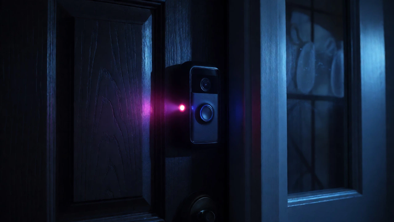 Ring doorbell emitting a faint purple infrared glow in the dark night.