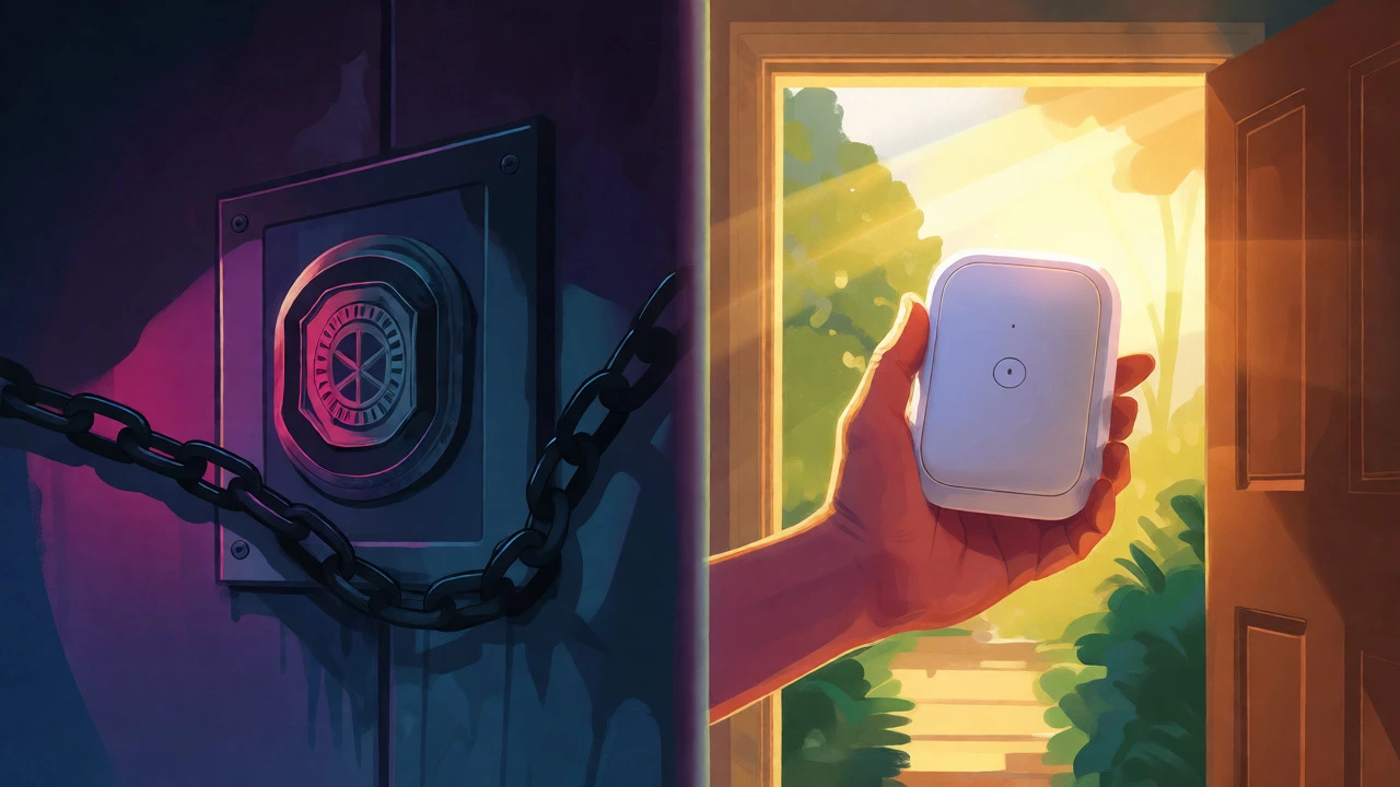 Split image contrasting a chained security panel in darkness with a new device in bright sunlight.