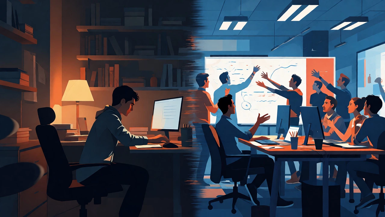 Split view comparing quiet home focus with busy office collaboration